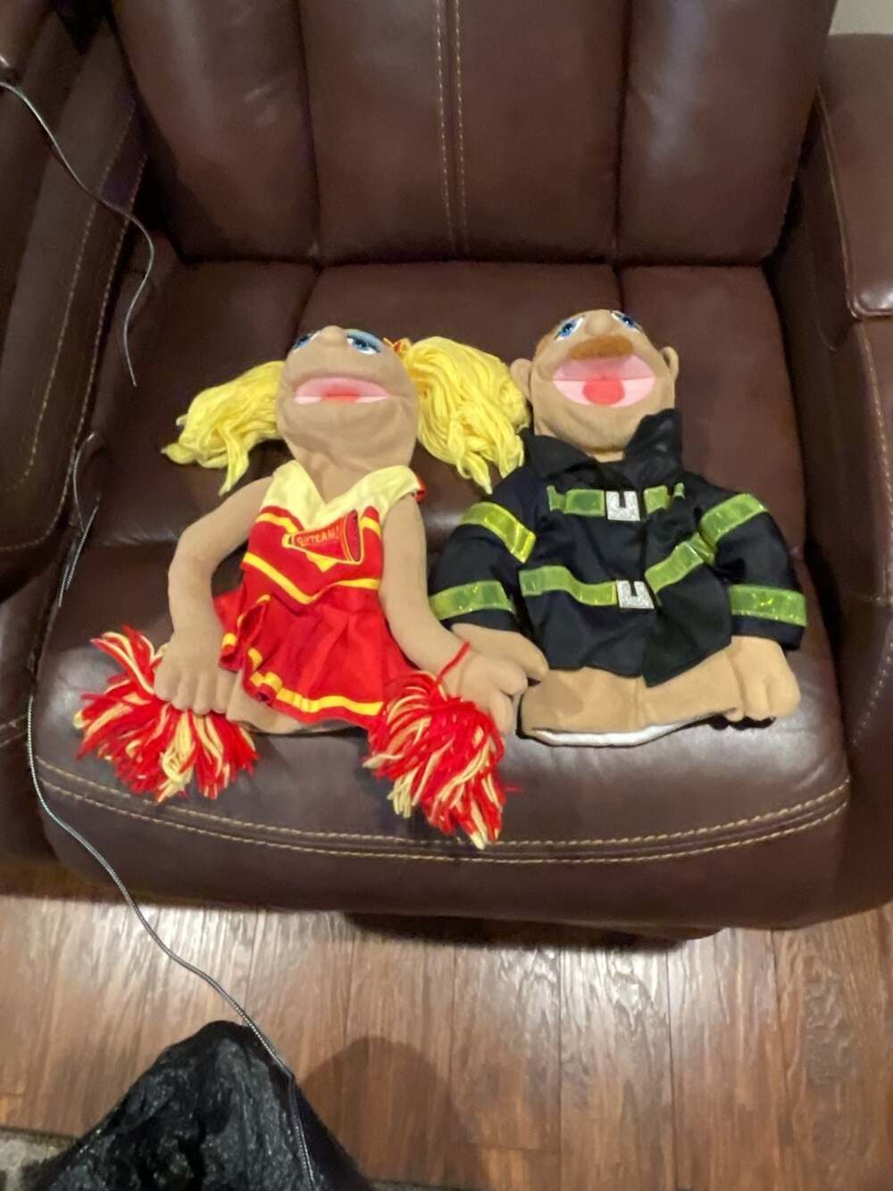 Melissa & Doug Hand Puppets Cheerleader and Firefighter Set no hat